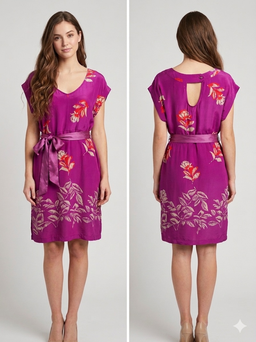 Moulinette Soeurs Anthropologie Purple 100 % Silk Floral Dress Belted Size 4